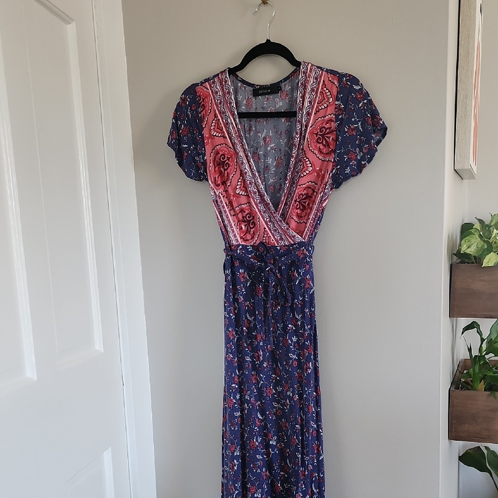 Floral Wrap Maxi Dress in Navy and Pink